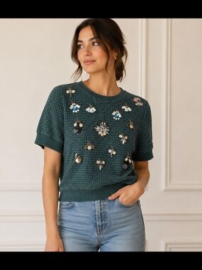 Banana Republic Textured Embellished Short Sleeve Sweater 100% Cotton